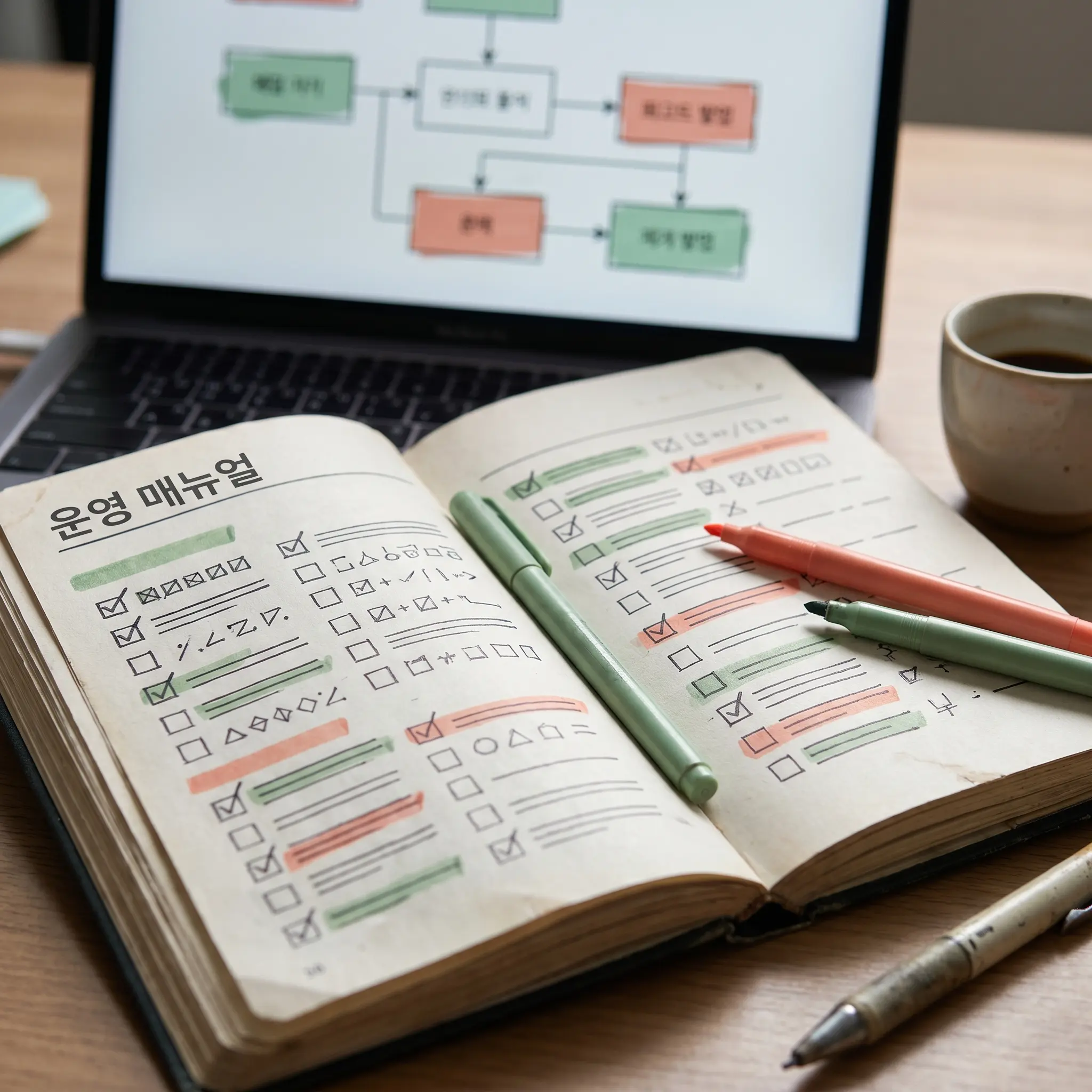 AI 운영 기준을 정리한 노트와 추상 차트 화면